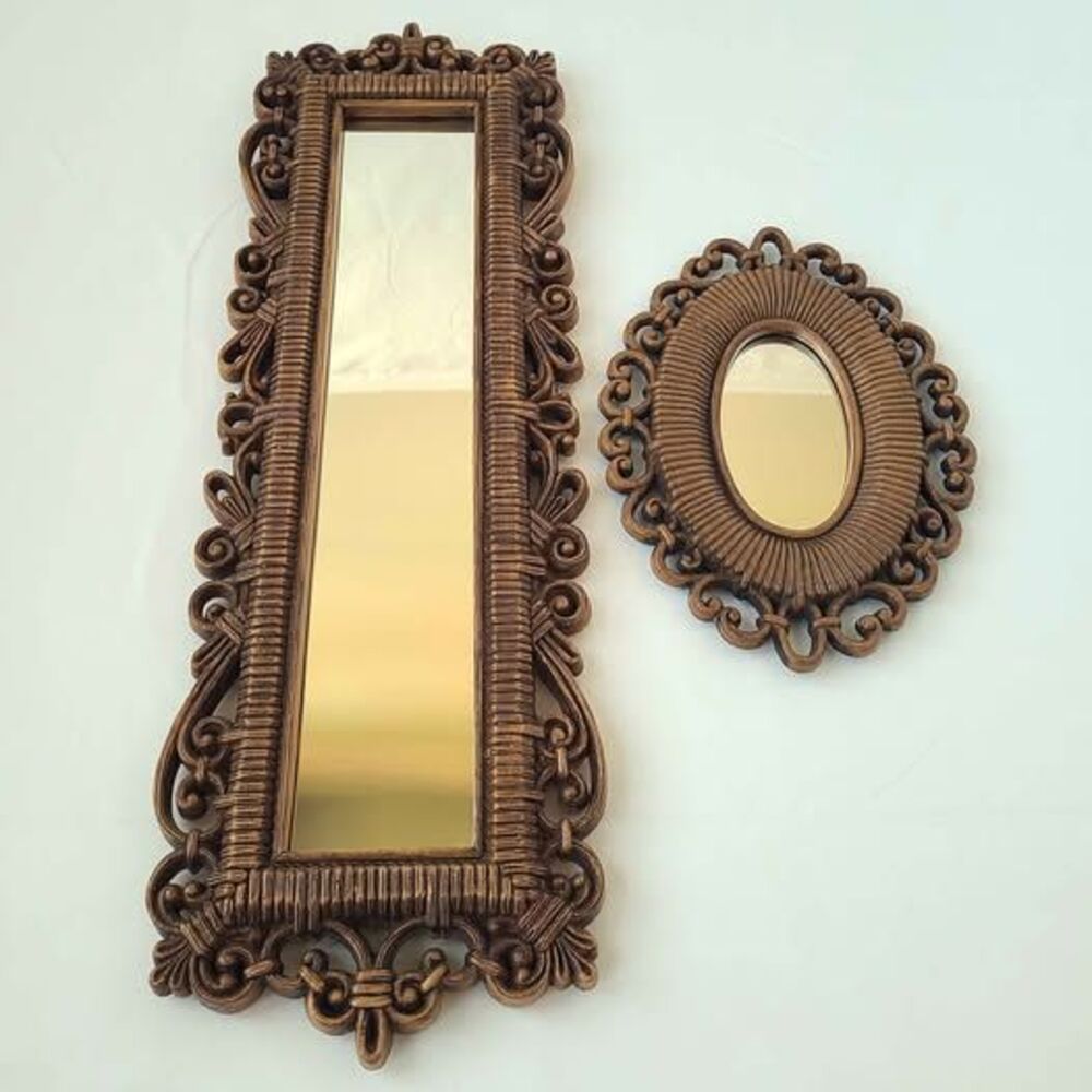 Vintage 1970s Faux Wicker Accent Mirrors - Set of 2